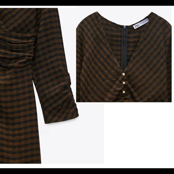 Zara Black brown check draped long sleeve V-neck dress Sz XS NWT New with tag - Picture 4 of 10
